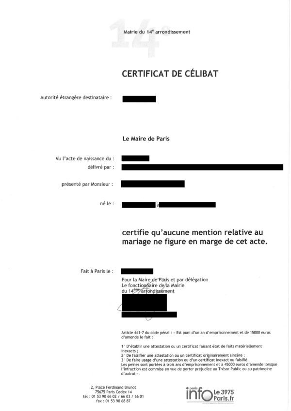 Musterübersetzung Certificat de célibat Französisch Deutsch