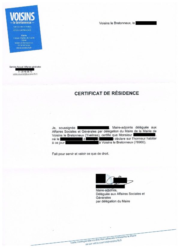Übersetzungsvorlage Französisch Deutsch französische Wohnsitzbescheinigung Certificat de résidence, Voisins-le-Bretonneux, Frankreich