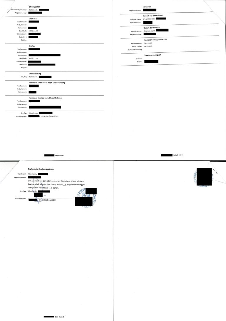 Abschrift aus dem Eheregister | Musterübersetzung, Vorlage für Übersetzung