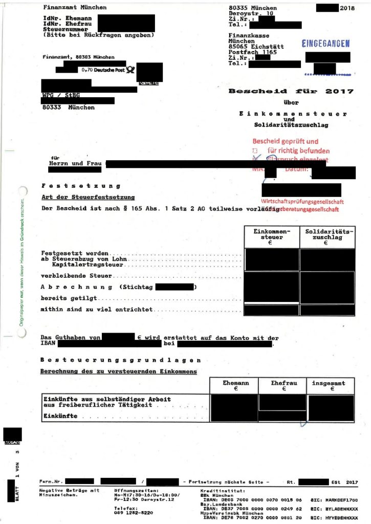 Einkommensteuerbescheid (ausschließlich Seite 1) Musterübersetzung
