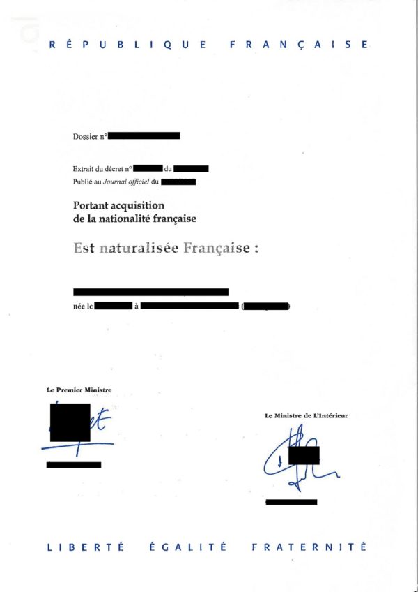 Übersetzungsvorlage Französisch Deutsch französische Einbürgerungsurkunde acte de naturalisation, Frankreich