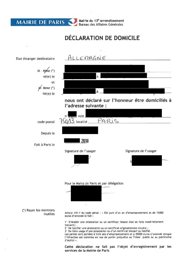 Déclaration de domicile Musterübersetzung, Vorlage für Übersetzung