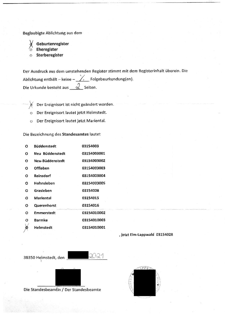 Beglaubigte Abschrift Aus Dem Geburtenregister (Formular B), 2021 Für Geburt 1970, Standesamt Helmstedt (Elm-Lappland), Deutschland_1