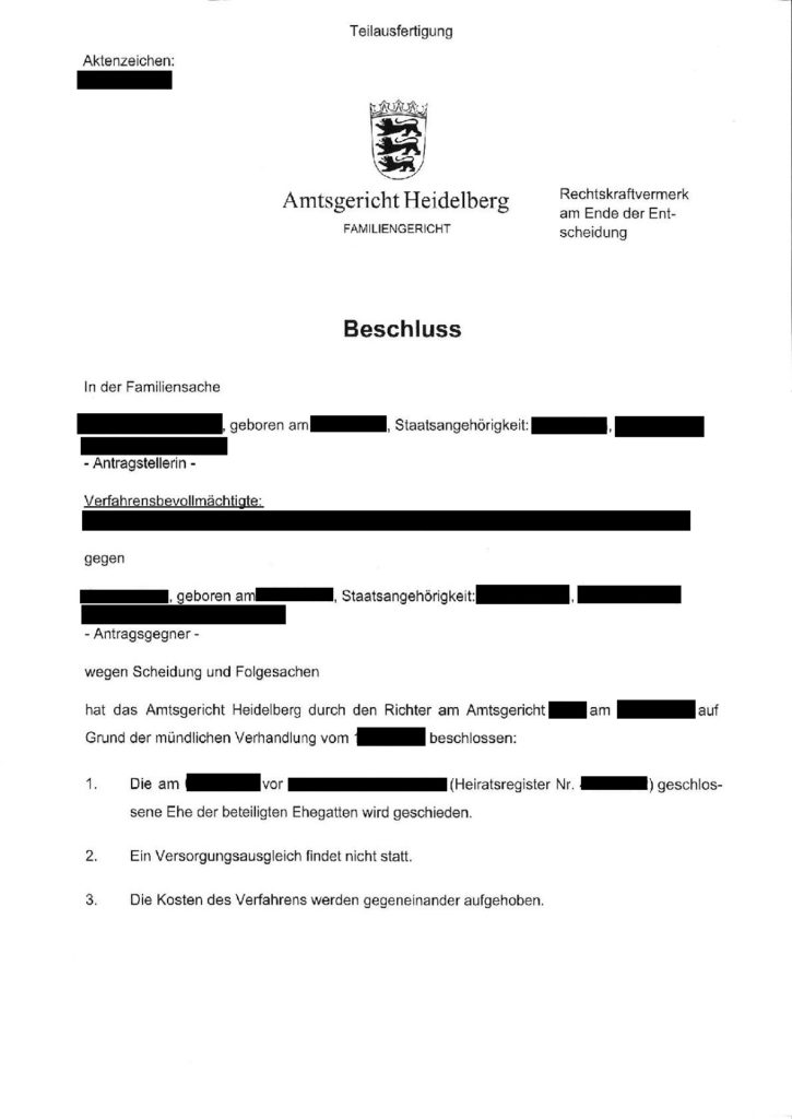 Scheidungsbeschluss Musterübersetzung, Vorlage für Übersetzung