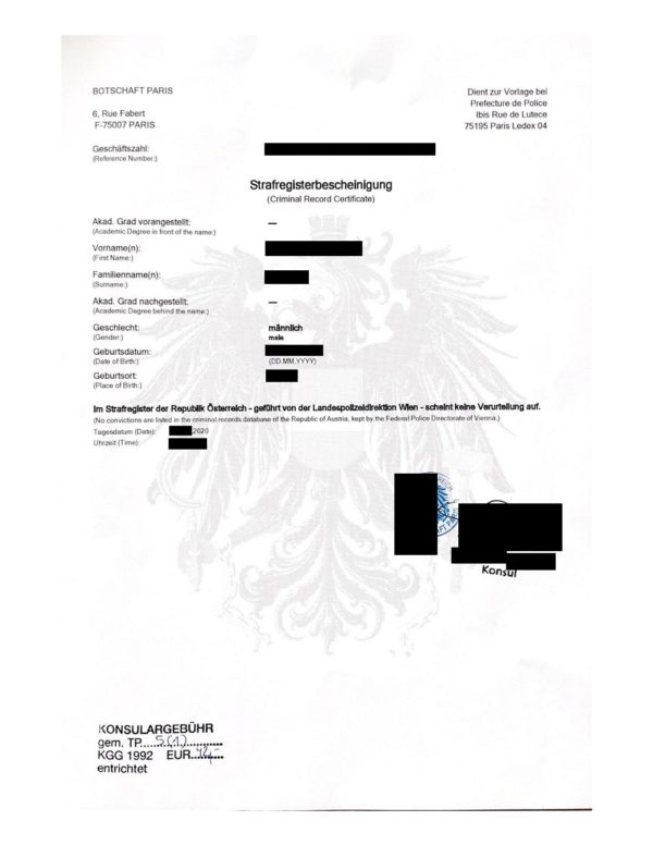 Strafregisterbescheinigung, 2020, österreichische Botschaft Paris, Frankreich
