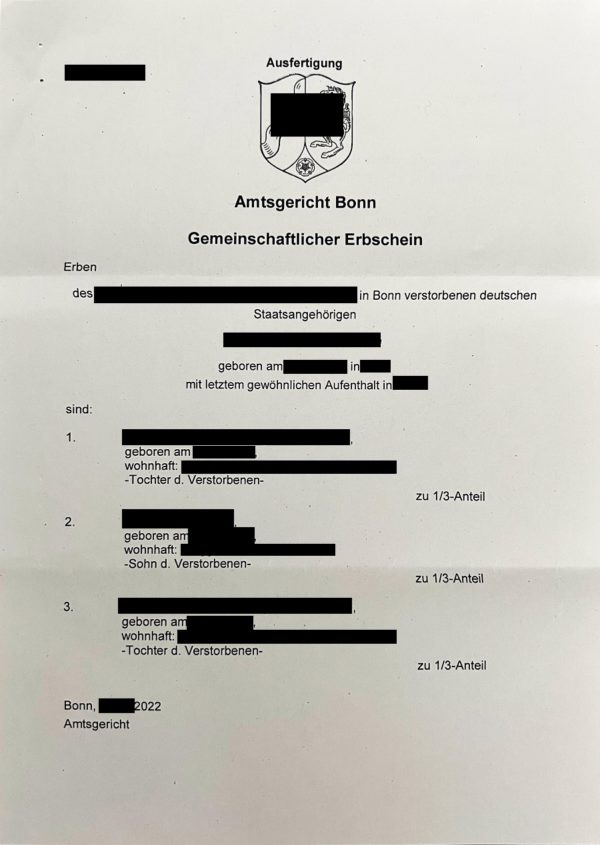 Erbschein, 2022, Amtsgericht Bonn, Deutschland_1